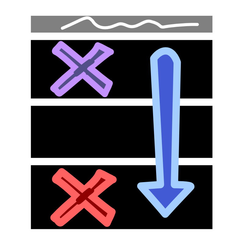 An image with light line art shows 4 vertically stacked rectangles. The top rectangle is short and grey. It has a white squiggle inside it. The bottom 3 rectangles are all about the same size and are black. The first one has a purple X inside it, the last one has a red X. A blue arrow overlapping the black rectangles sits to the side of the X’s and points down.